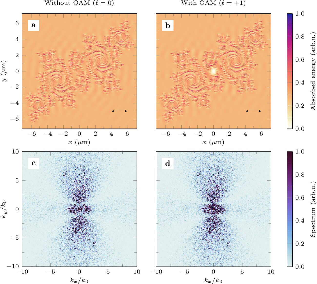 Absorbed energy and spectra on the fractal surface with and without orbital angular momentum