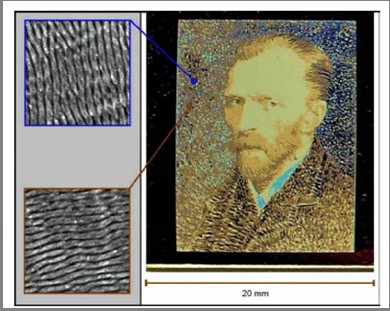 Marquage laser en couleur d'un autoportrait de Van Gogh sur métal avec micrographies électroniques des rides sous-jacentes