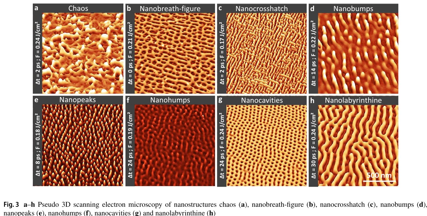 Gallery of laser-induced surface morphologies obtained by varying fluence and inter-pulse delay
