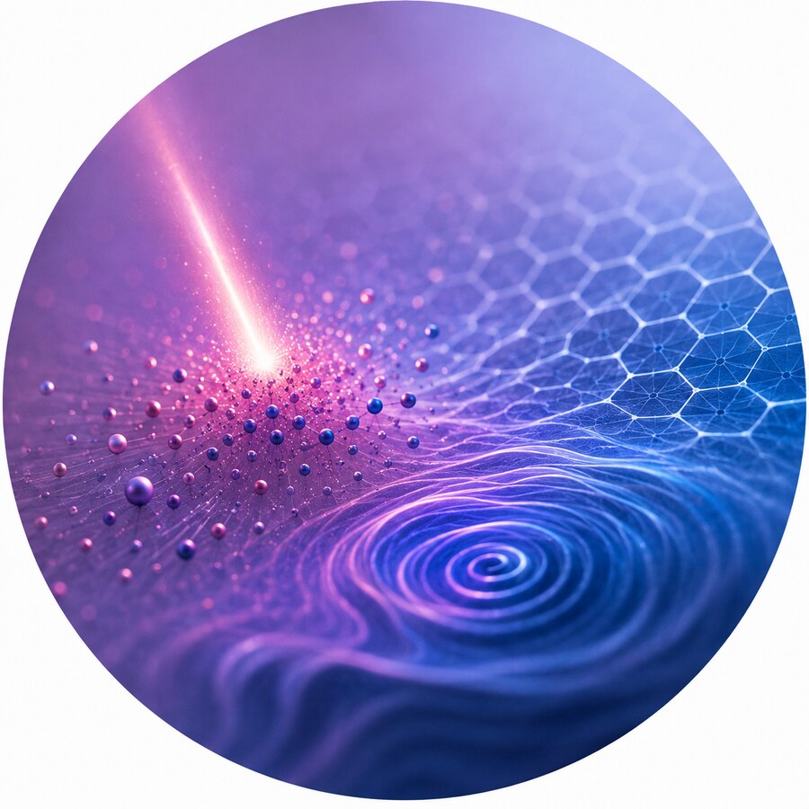 A pulse of light reaching a surface, with a lattice and a spiral emerging from the disorder