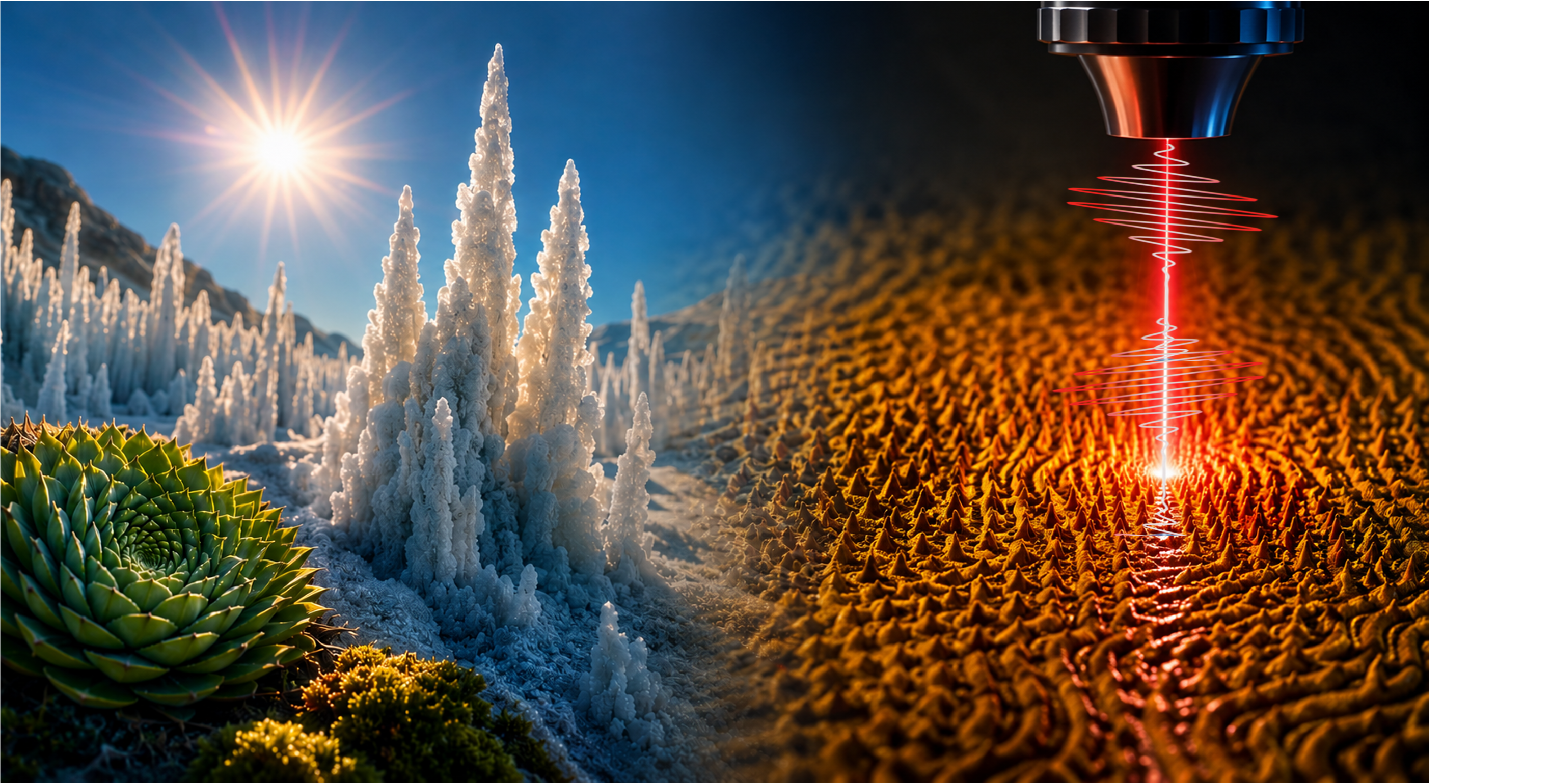 Pénitents de neige et nanostructures texturées par laser côte à côte, échos d’une même auto-organisation des motifs