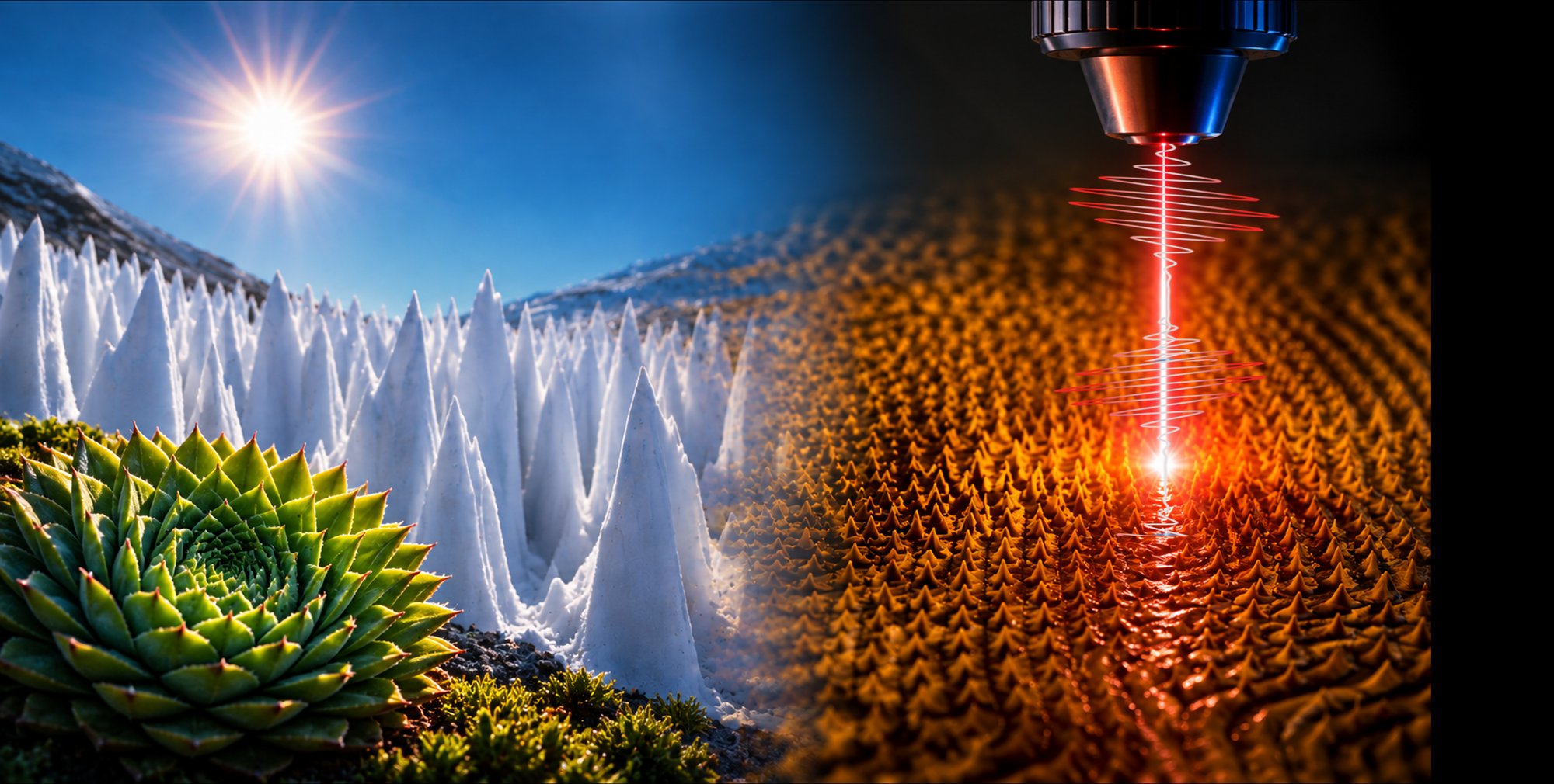 Natural self-organized spike patterns, spiral aloe phyllotaxis and snow penitentes, alongside laser-induced periodic nanostructures under a focused ultrafast pulse